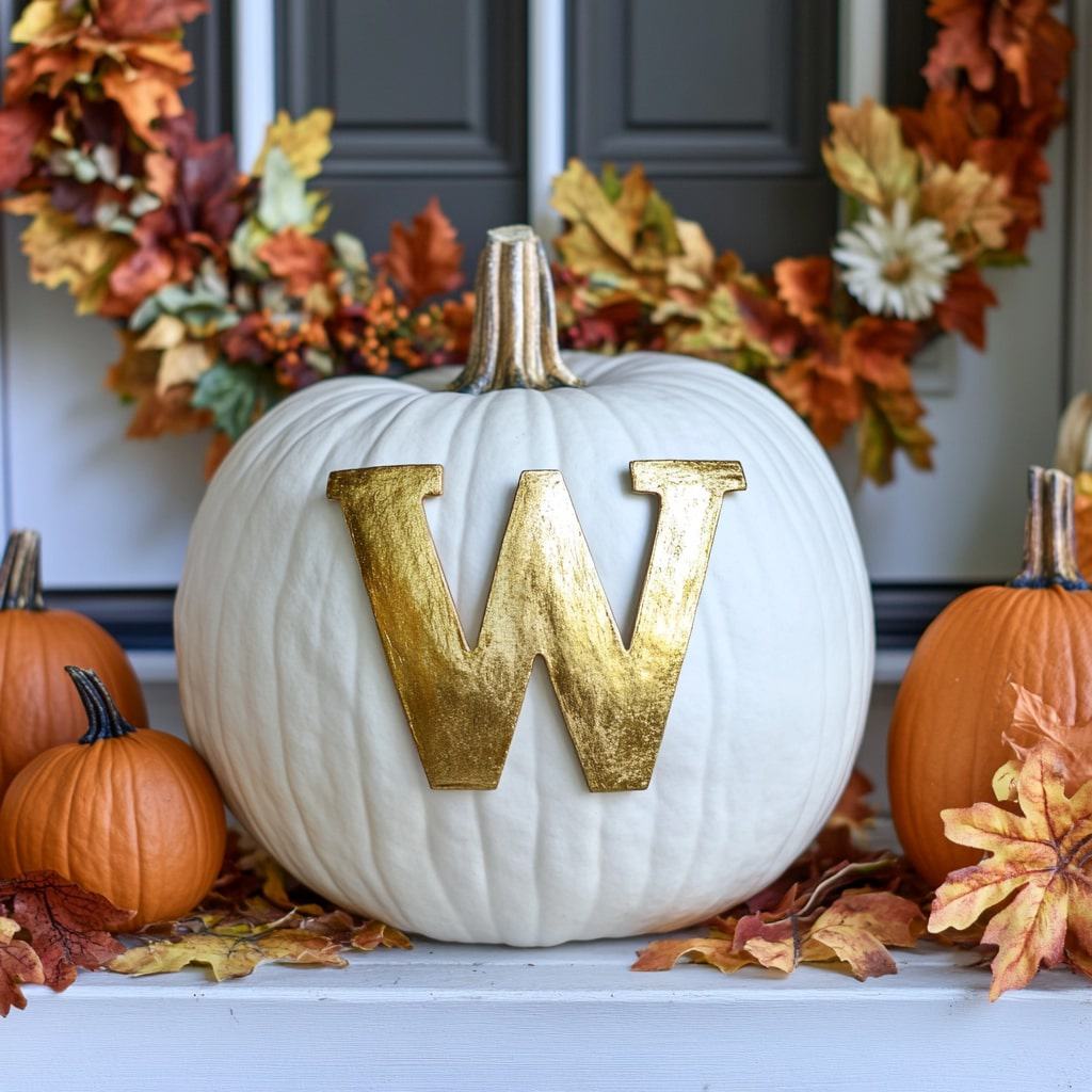 10. A white pumpkin with a hand-painted gold letter W, placed on a porch surrounded by other pumpkins and fall wreaths on the door.