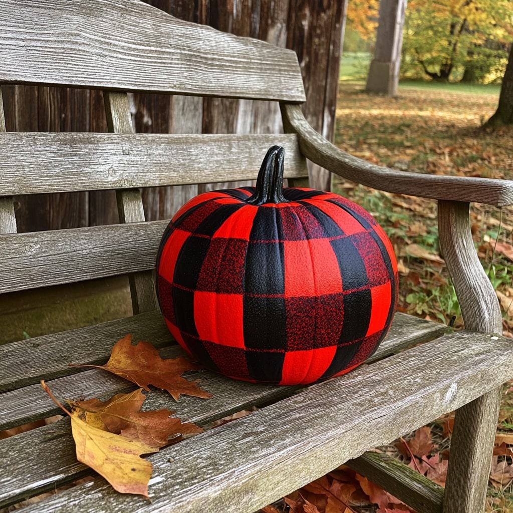 12. A pumpkin painted in classic red and black buffalo plaid, sitting on a rustic wooden bench near a barn, surrounded by autumn leaves.