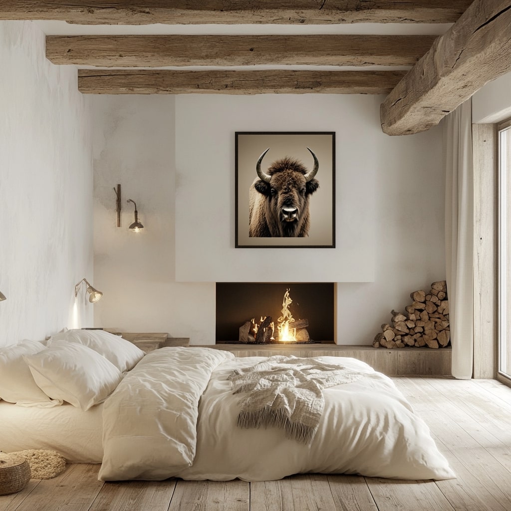 A modern, rustic bedroom with a fireplace, featuring a white and beige color scheme. The room has large wooden floorboards, oak beams on the ceiling, and soft lighting from warm lights around the space. The bedding is a natural linen set, and there is a poster of a bison in a black frame above the fireplace. The overall style is minimalistic, with a wide-angle shot and a boho vibe, showcasing a photorealistic scene.
