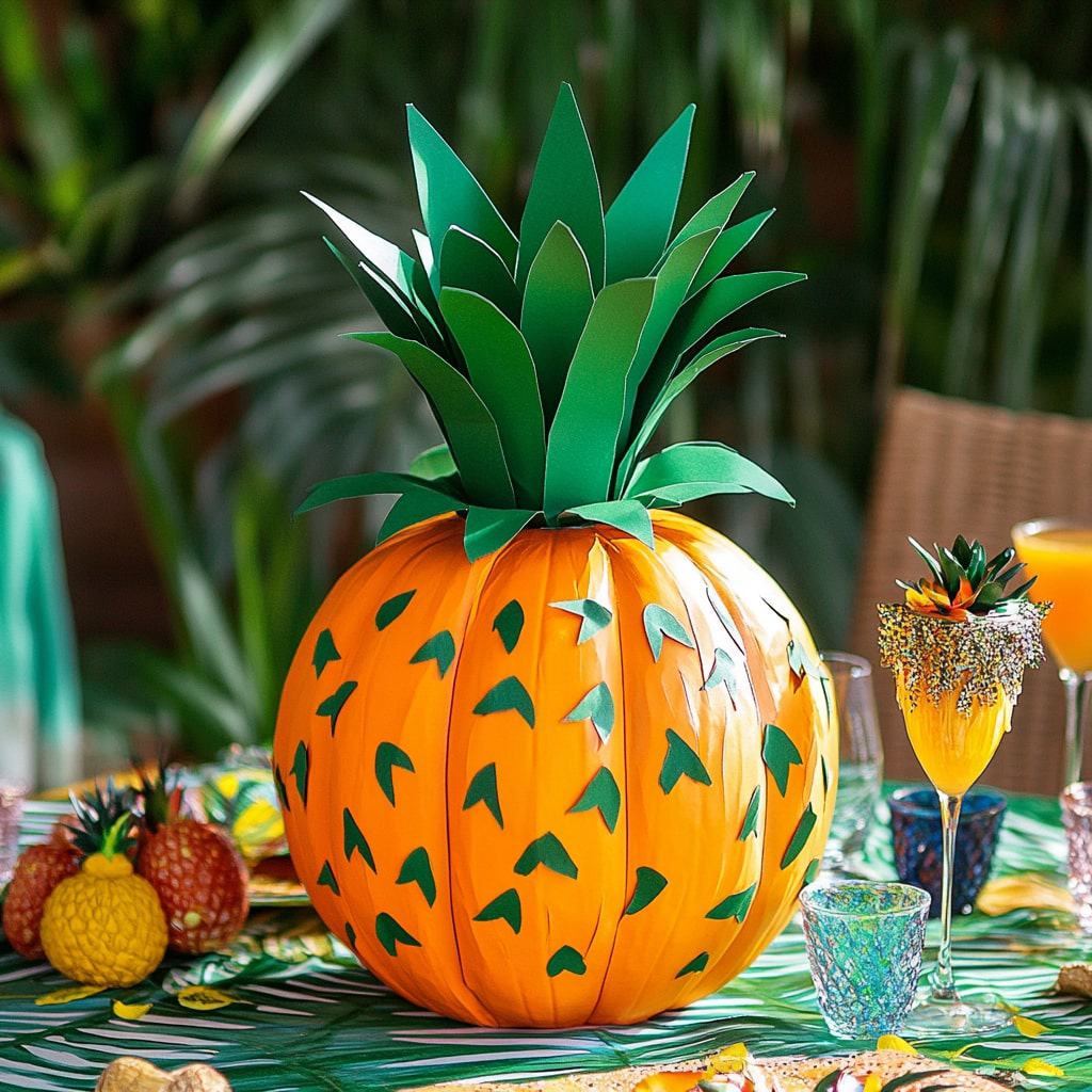 14. A pumpkin painted like a pineapple, complete with a green paper crown of leaves, sitting on a tropical-themed party table with drinks and decorations.