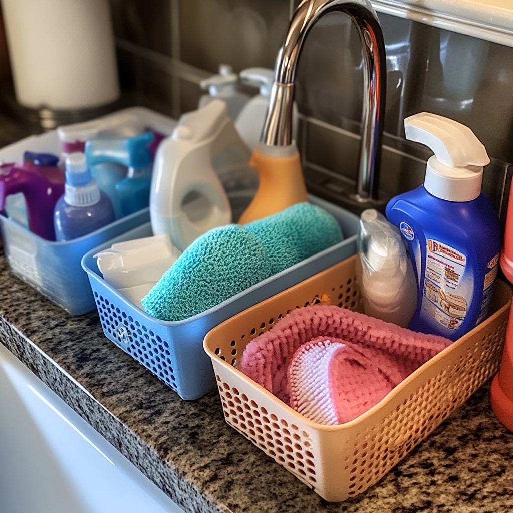 Dollar Tree baskets to store items under the sink, such as cleaning supplies, sponges, and other essentials.