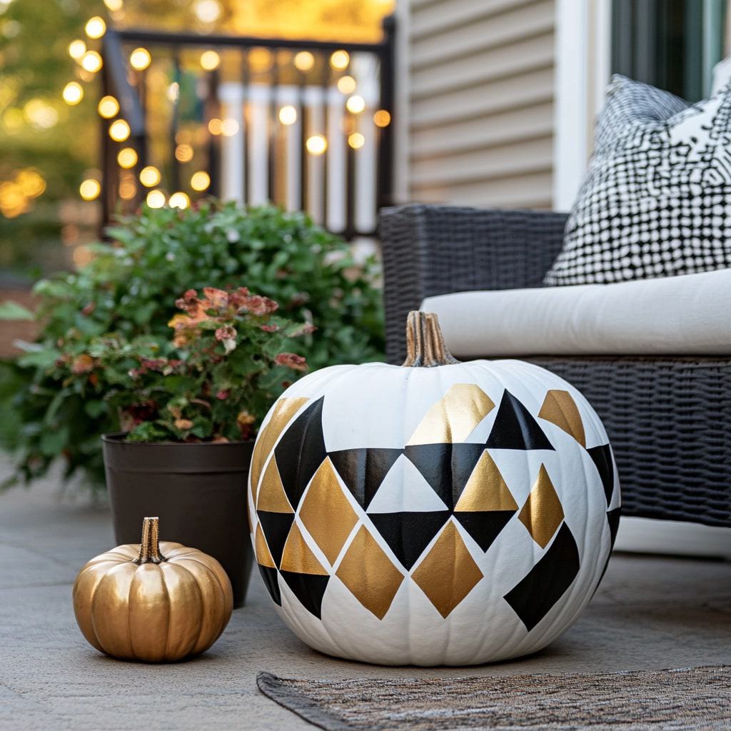 7. A white pumpkin featuring bold black and gold geometric triangles, sitting on a modern patio next to potted plants and outdoor lights.