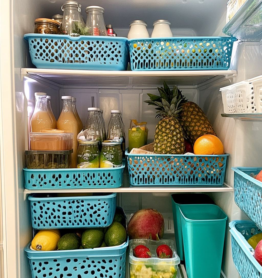 A photo of the inside of an open refrigerator with lots of colorful blue plastic baskets and white boxes filled with food. Milk in glass bottles on the top shelf, turquoise tumblers and fruit on the bottom shelves.
