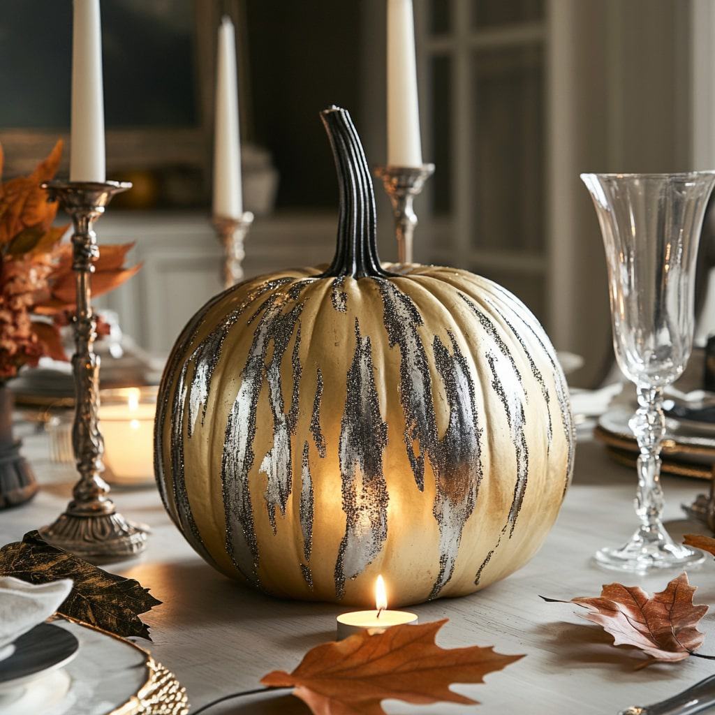 9. A gold-painted pumpkin with silver streaks, arranged on a dining room table set for Thanksgiving with other decorative elements like candles and leaves.