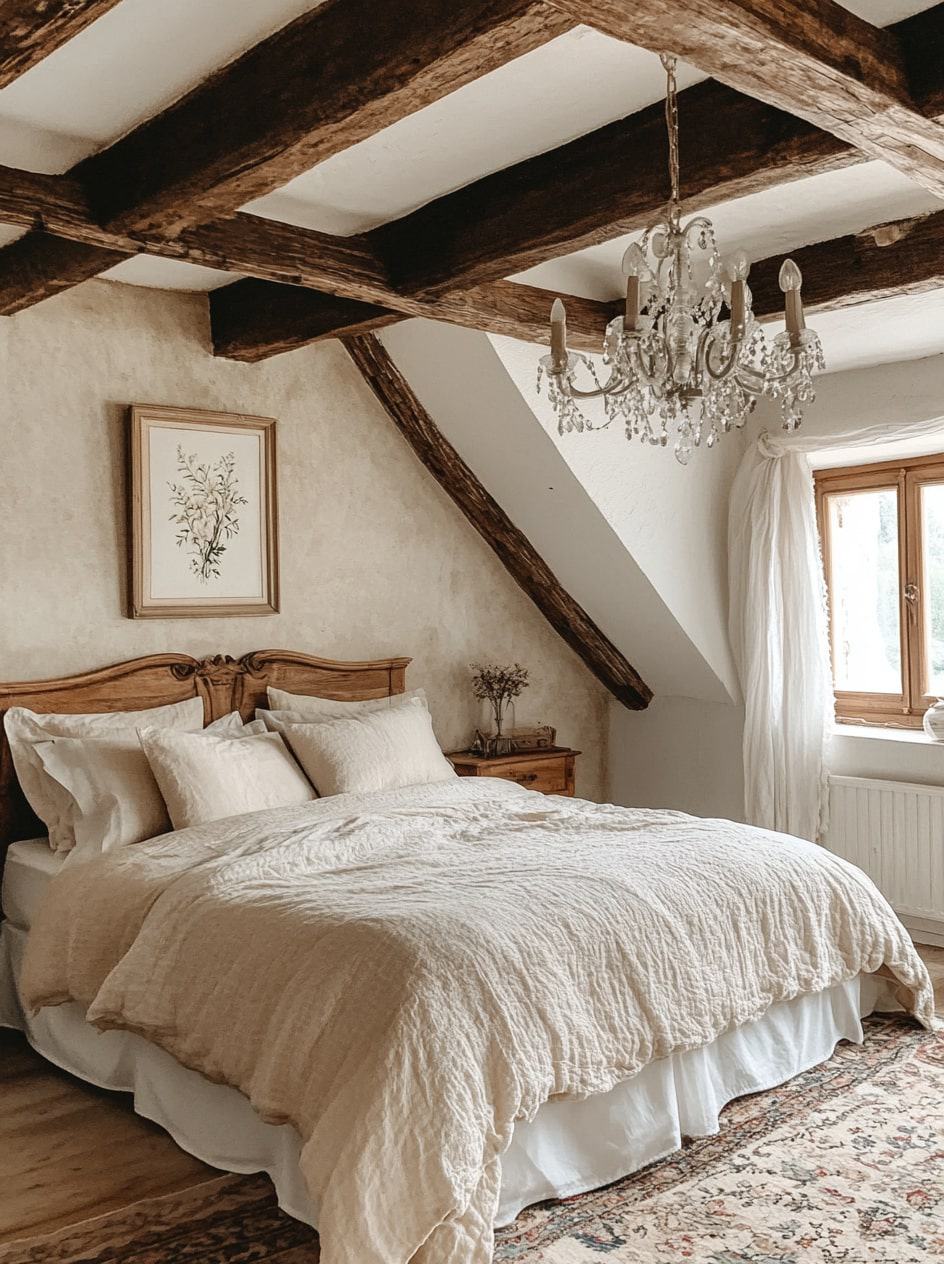 A photo of an elegant bedroom with rustic wood beams, soft neutral colors, and texture in the ceiling. A large bed with beige linen, a chandelier hanging above it from a wooden beam on the wall. A small framed piece of art over the headboard, and a vintage rug under the bed, creating a cozy atmosphere. Natural light streams in through the window, showcasing the interior design photography, captured with a Canon EOS