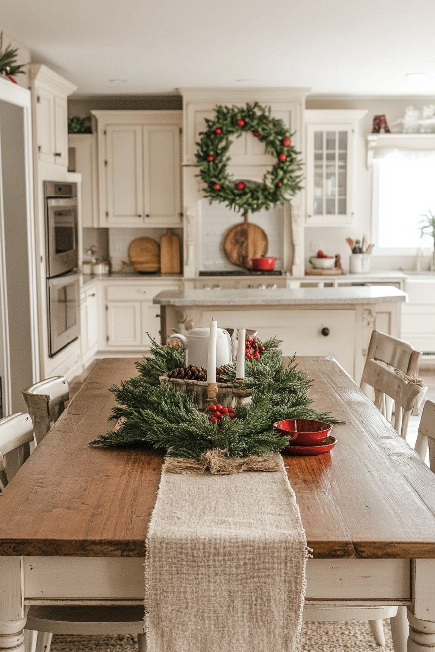 Head-on shot of a kitchen. In the style of a chic farmhouse, the kitchen has a Christmas theme with greenery and red accents. The white cabinets and a vintage dining table with a natural runner in the middle of the room are complemented by simple wall art above the cabinet.