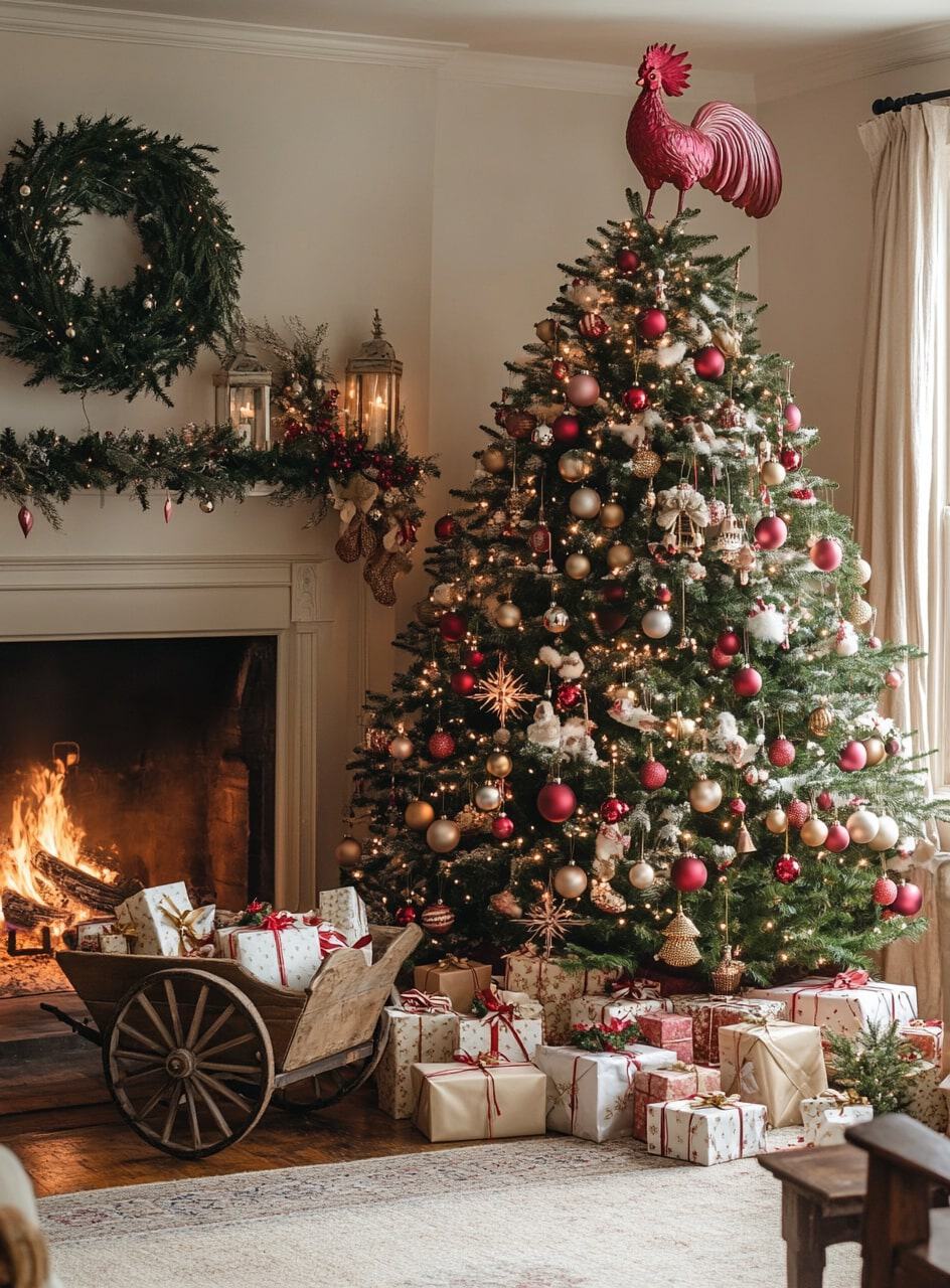 A Christmas tree decorated with red, white, and gold ornaments stands in the center of an elegant living room. The fireplace is lit against one wall, and there's a wreath hanging above it. On each side next to the Christmas tree are small wooden boxes filled with presents. In front of them on the floor is an old-fashioned wheelbarrow filled with gift bags.