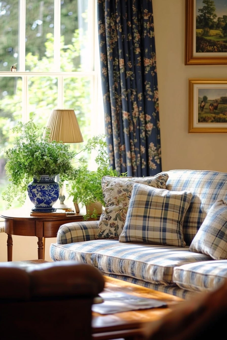 A classic living room with a light blue and white plaid-patterned sofa, a large window in the background, framed oil paintings on the wall, plants, a table lamp, a wooden coffee table, a blue porcelain vase with a green plant, navy floral curtains, a vintage armchair, a brown leather bench, soft carpet flooring, traditional furniture style, natural lighting, a neutral color palette, architectural photography, and an architectural magazine style.