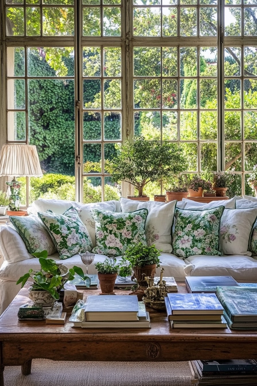 A classic living room with large windows, plush white sofas covered in green and blue floral cushions, an antique wooden coffee table adorned with books and potted plants, soft natural light filtering through the tall glass panes creating a warm ambiance, elegant home decor, and a serene atmosphere. 