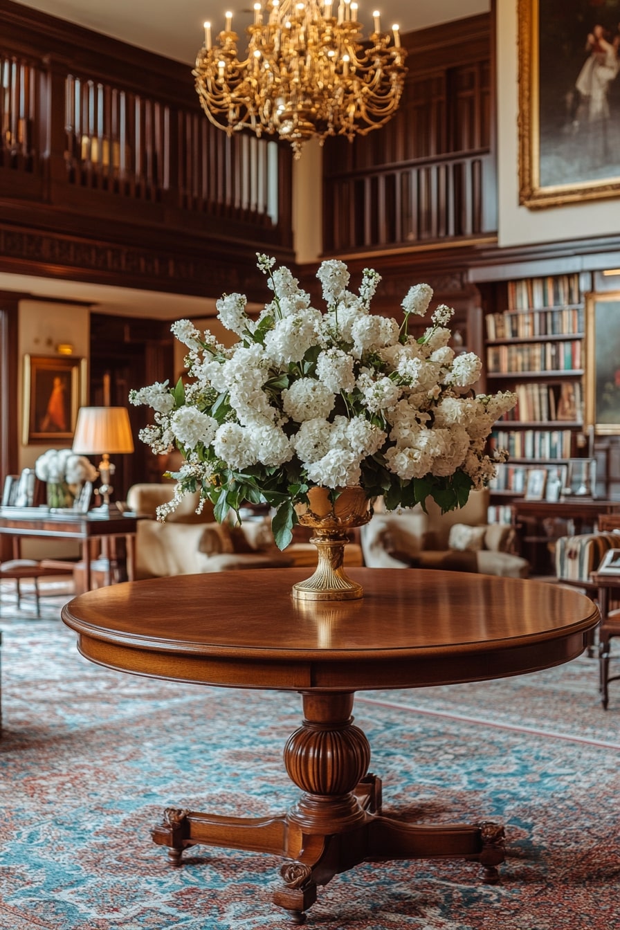 In the spacious living room of an English manor, there is a large round table with white flowers in vases on it. The floral arrangement covers half of its surface and stands tall against the wall behind it. There is also carpeting underfoot, comfortable sofas around it, bookshelves filled with books on one side, coffee tables with gold chandeliers hanging above them, and framed paintings adorning the walls. It creates a warm atmosphere for social gatherings.