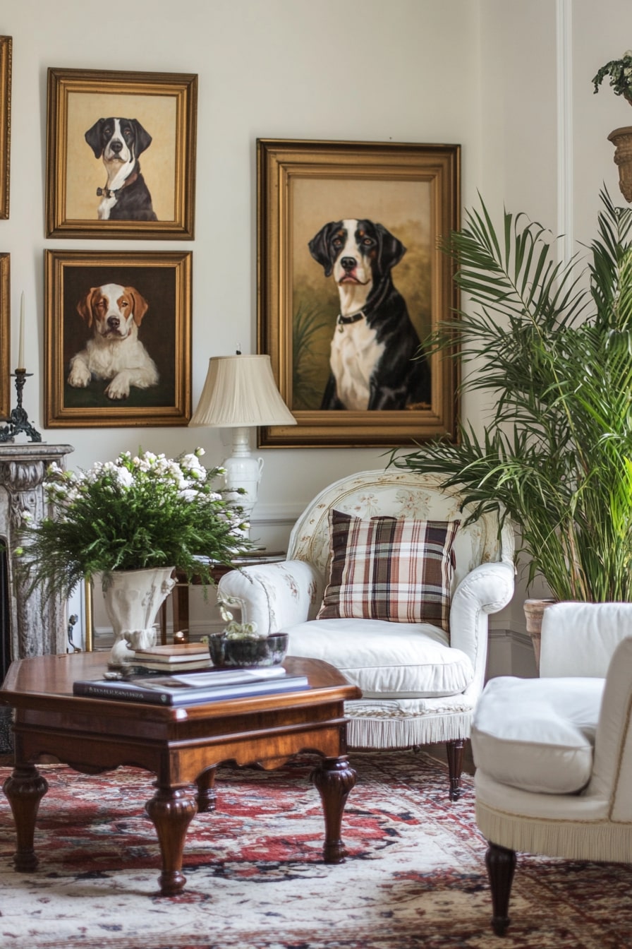 A classic living room with vintage portrait paintings of dogs, potted palm plants, and elegant furniture in white velvet fabric. The walls have framed dog portraits hanging on them, adding an artistic touch to the space. A coffee table sits between two armchairs decorated with plaid cushions, and there's also a large vase filled with fresh flowers. This setting creates a warm atmosphere perfect for social gatherings or casual recreational activities like playing games. 