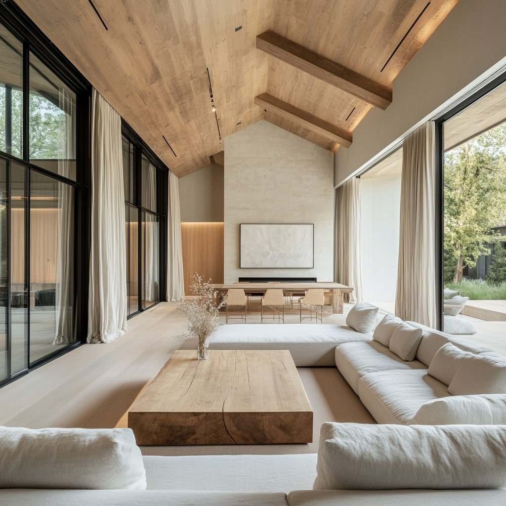 A photo of a large living room with a vaulted wood ceiling, distressed white oak flooring, and wall-to-wall linen sofas and a coffee table in the style you would find at The Wabi-Sabi frequencies.