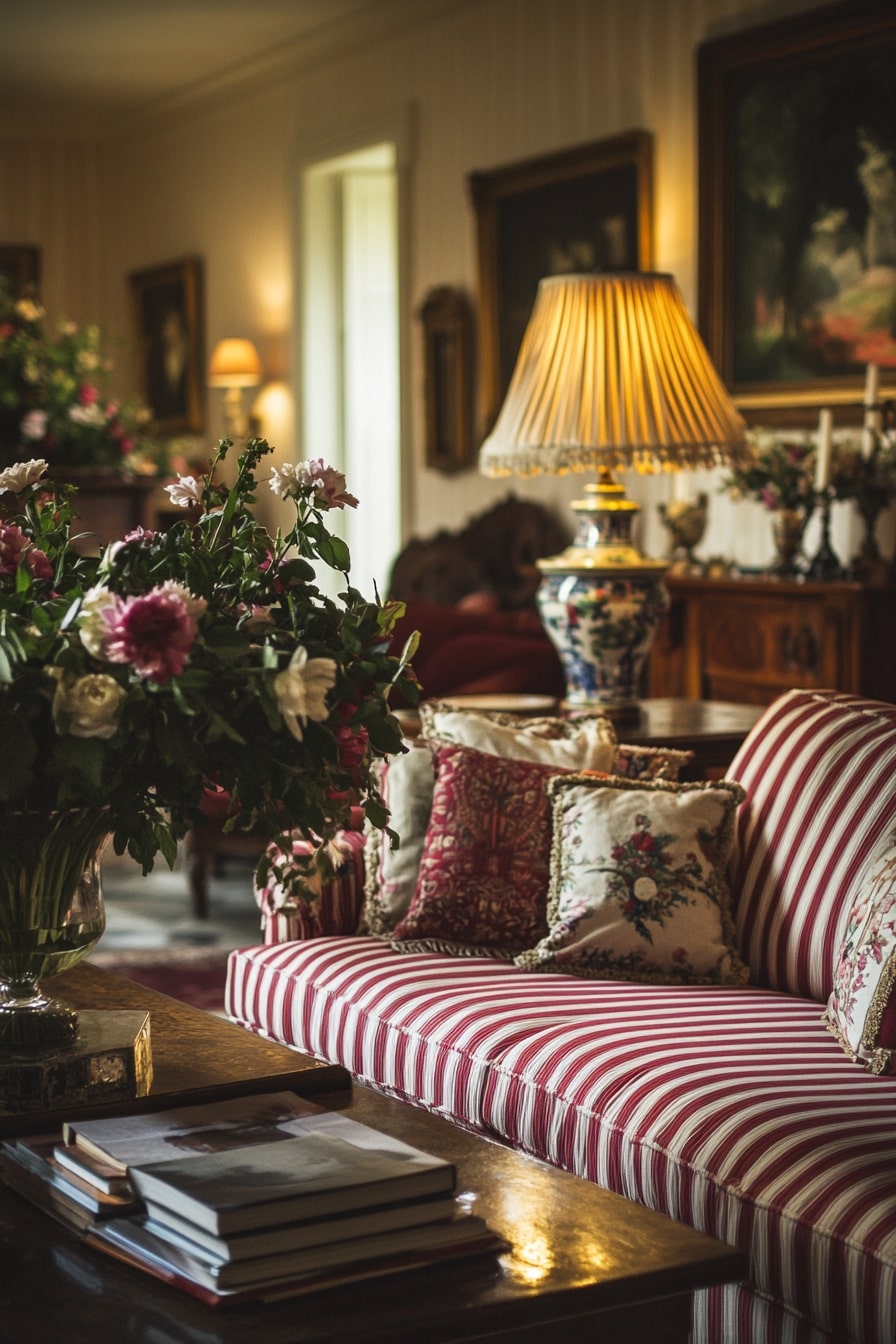A photo of the living room in an English country house, featuring deep red and white stripes on sofa cushions, soft lighting from oil lamps hanging above coffee tables, a large vase with flowers placed next to them, elegant wooden furniture, and traditional artwork adorning the walls. The atmosphere is warm and inviting, perfect for relaxing after a long day at work or leisurely preparation before dinner.