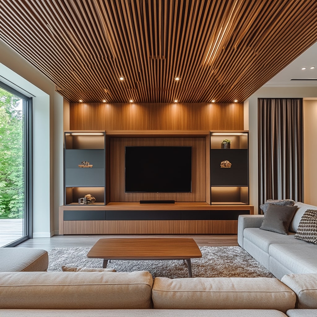 A modern living room with a wood slat ceiling and a built-in TV wall unit. Interior design photography.