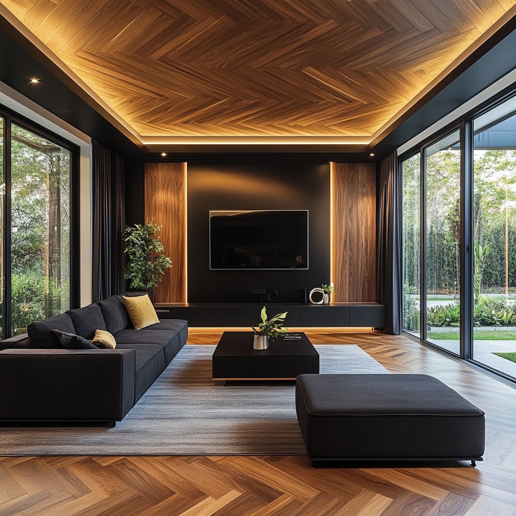 Modern living room with a wood herringbone ceiling, TV wall, and black sofa. Floor-to-ceiling windows, wooden flooring, indoor lighting, warm tones, and a wooden grain texture create a modern style decoration design.