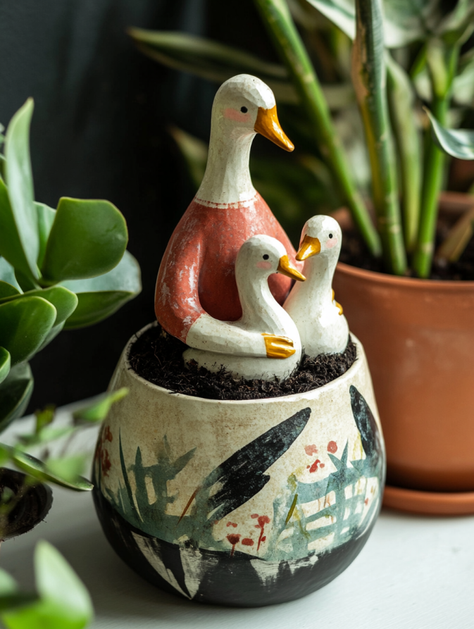 A ceramic pot with black soil inside, decorated with the shapes of geese and an old woman holding two baby ducks, is placed next to some plants. The colors used for decoration include white, red, and green.