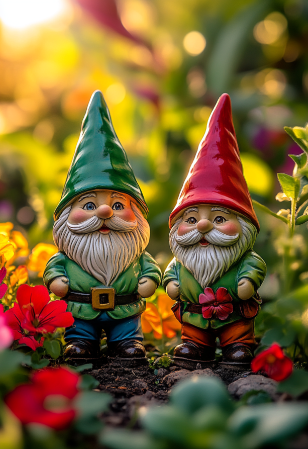 Two cute garden gnomes in colorful , standing next to each other on the ground of a flowerbed with flowers. They are wearing green and red hats, and the background is colorful. The light is bright from behind, creating a blurred, photo-realistic, high-resolution image with natural lighting, HDR, and hyperrealism.