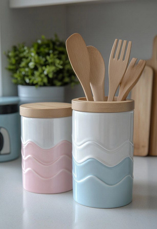 A set of 3 ceramic canisters, each standing 25 cm tall, designed for storing kitchen utensils. The canisters feature a white base with pastel blue and pink accents, adorned with simple wavy lines. 