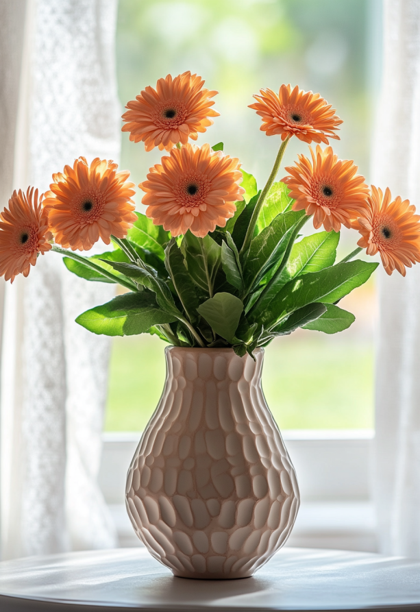 A ceramic vase with textured patterns holds peach-colored gerbera daisies and green leaves on the table in front of it, in an American-style living room. Soft sunlight shines through white curtains onto the tabletop. The composition highlights natural light and delicate textures.