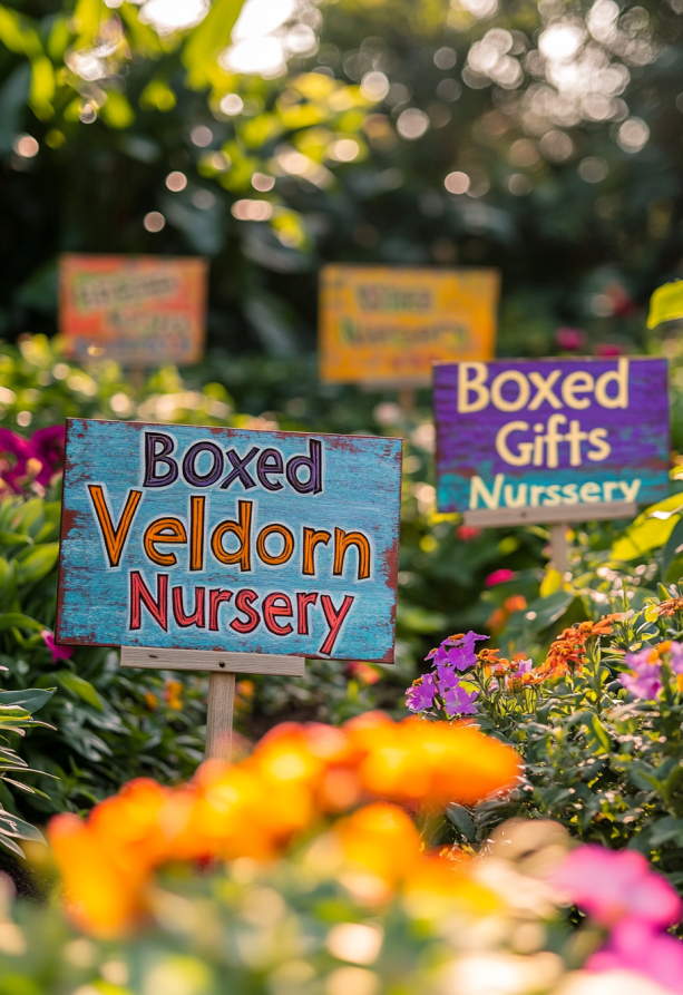 A photo of colorful garden plant signs with the words "Boxed Gifts Veldorn Nursery" written on them, each sign placed in different flowerbeds with vibrant flowers and greenery around it. 