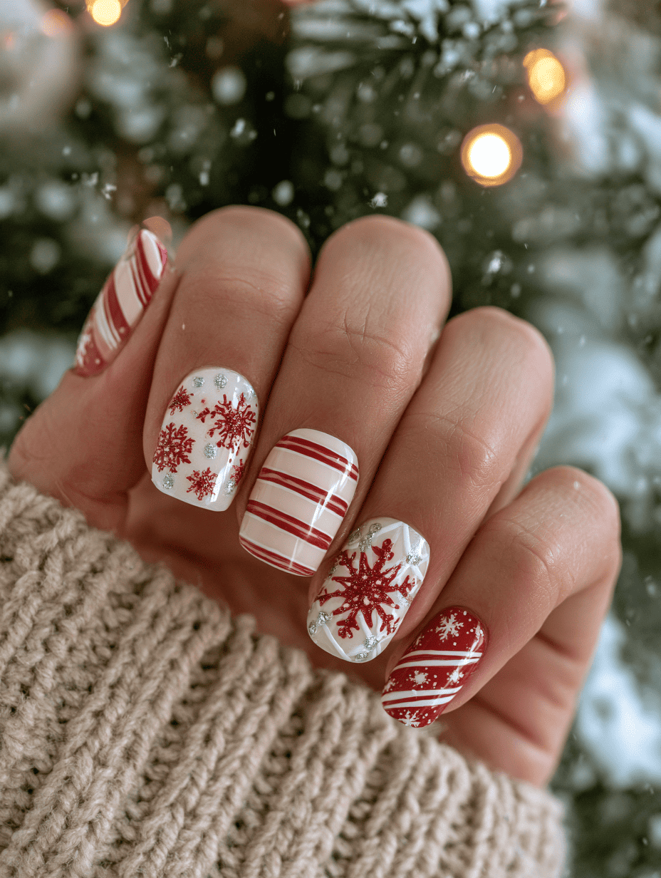 1. Classic Red and White Candy Cane Christmas Nails