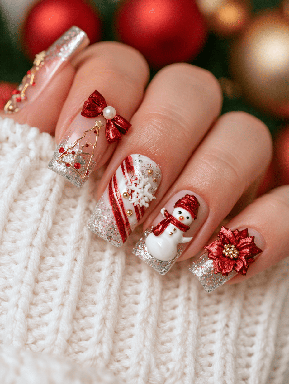 12. 3D Christmas Nails With Bows, Snowmen and Poinsettias