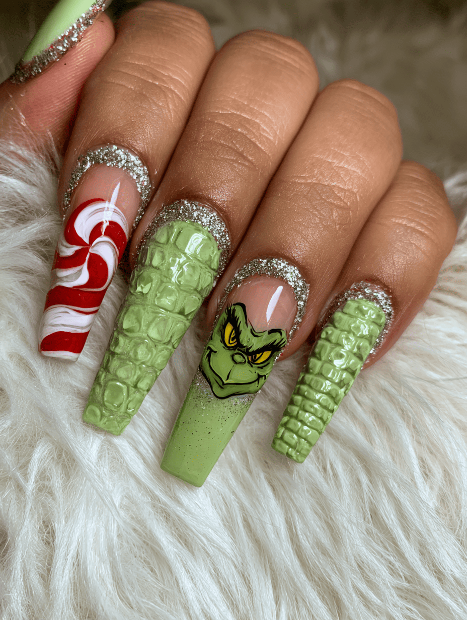 14. Grinch Christmas Nails With Peppermint Details