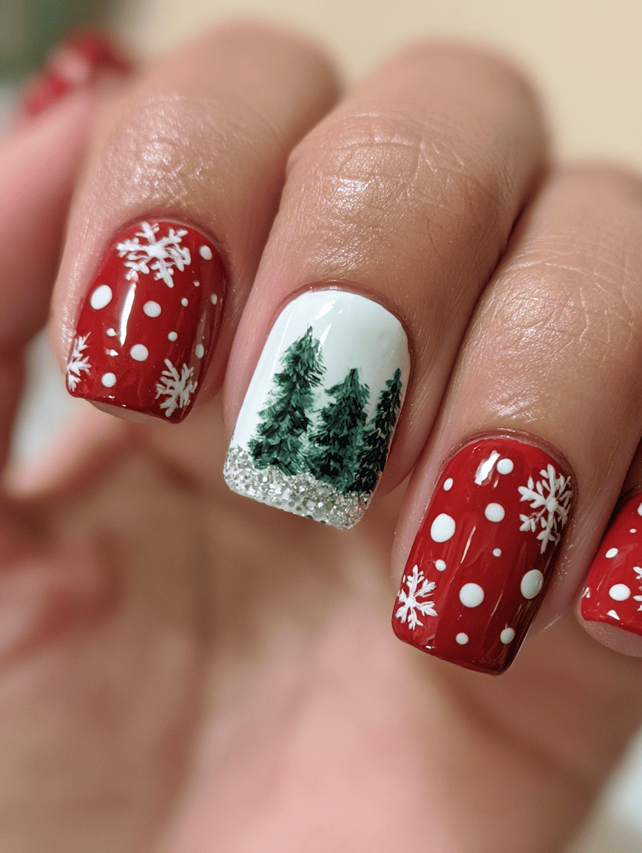 15. Red, White and Green Christmas Tree Nails