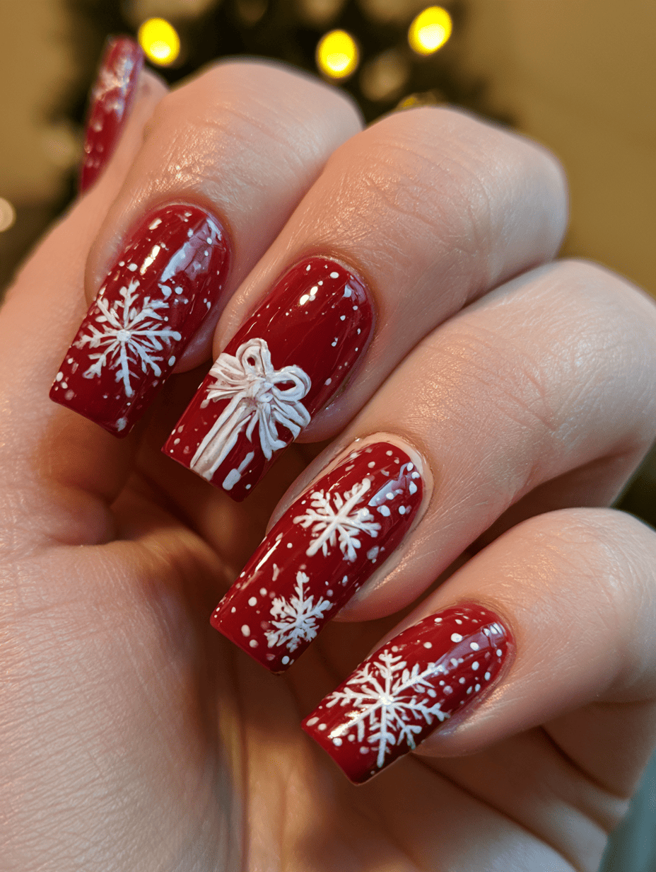 2. Red Christmas Nails With Snowflakes and Gift Bows