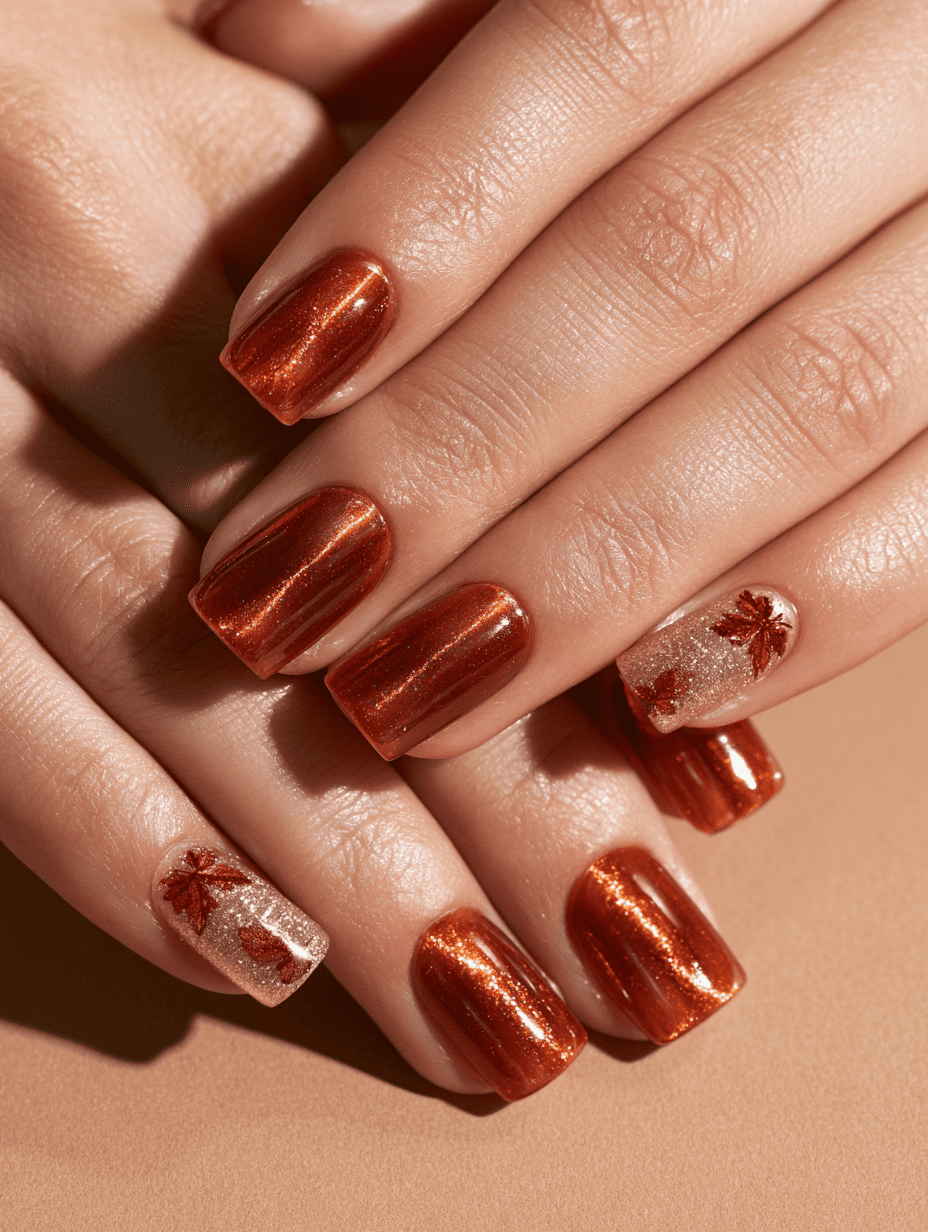 4. Warm Burnt Orange and Gold Holiday Nails
