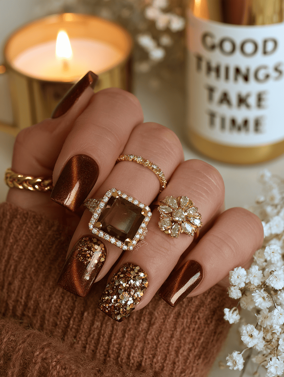 5. Copper Cat-Eye and Chunky Glitter Nails