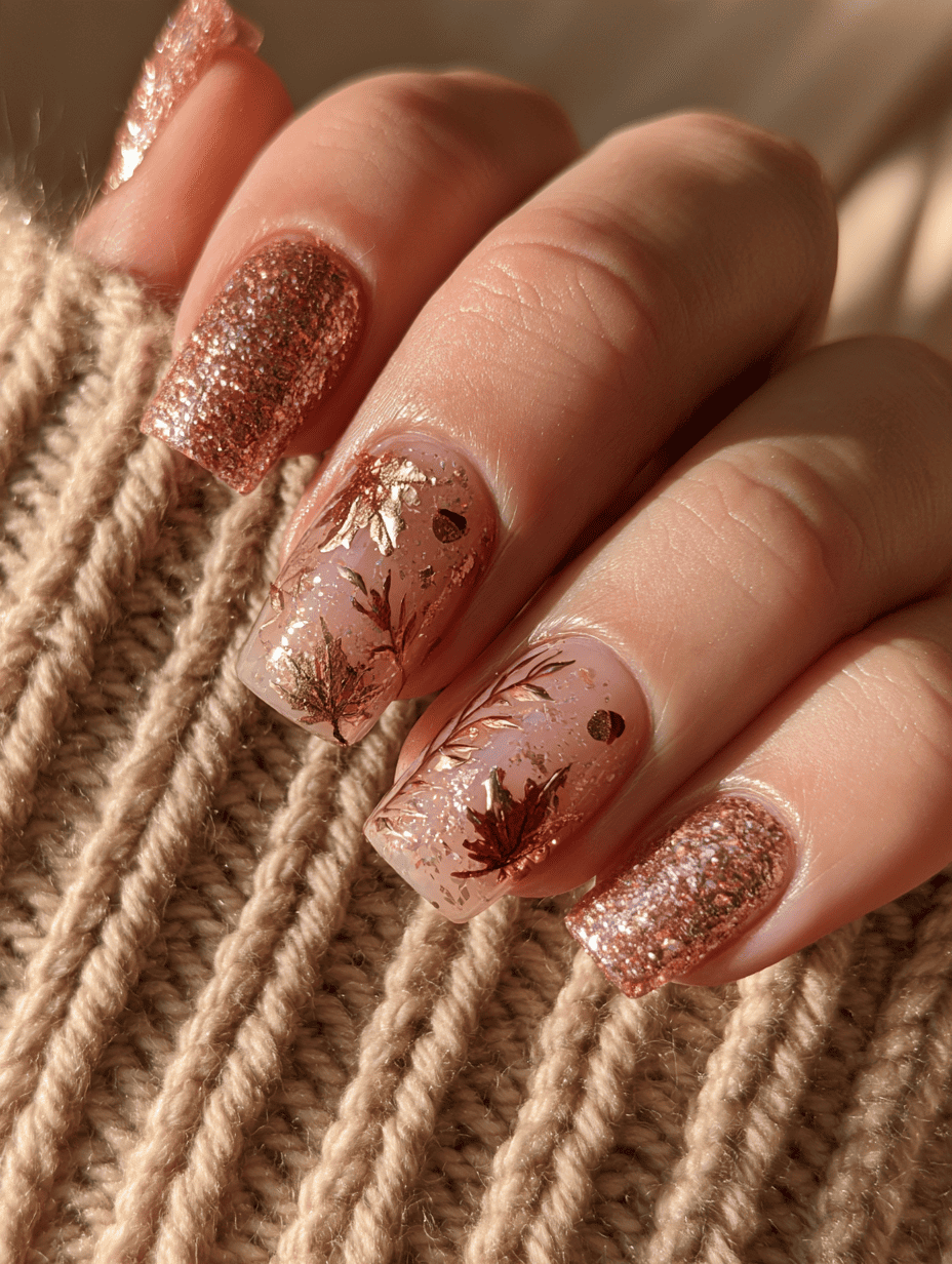 6. Rose Gold Christmas Nails With Delicate Holiday Details