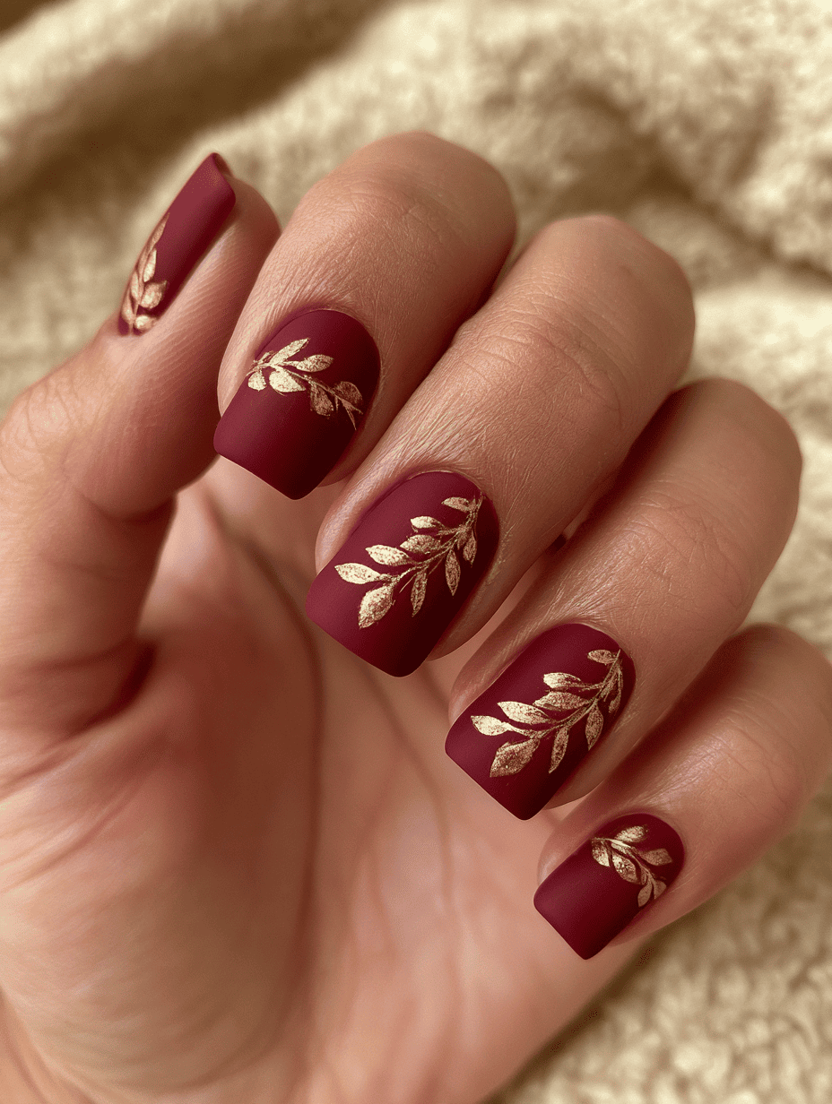 7. Matte Burgundy Nails With Gold Leaf Details