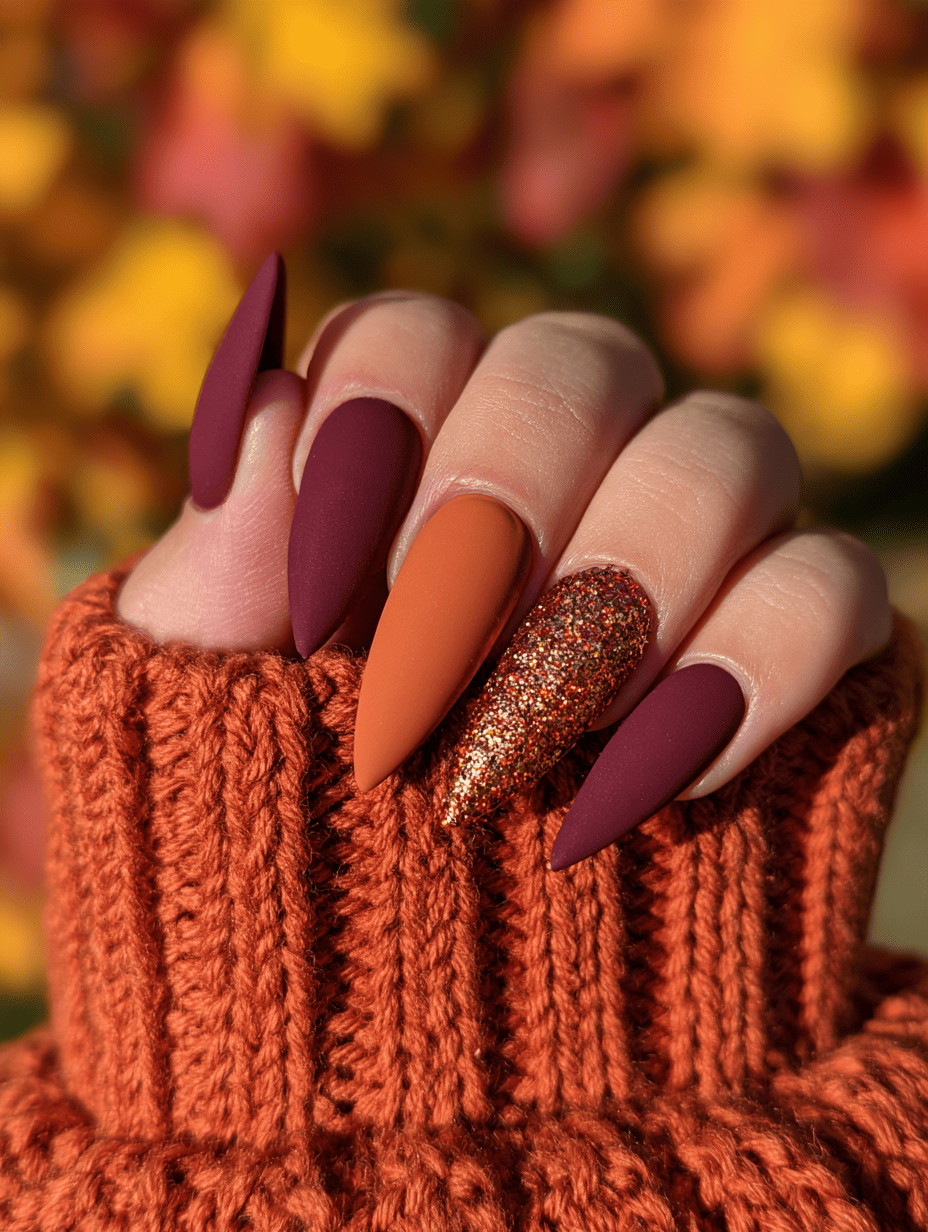 8. Burgundy, Burnt Orange and Gold Glitter Nails
