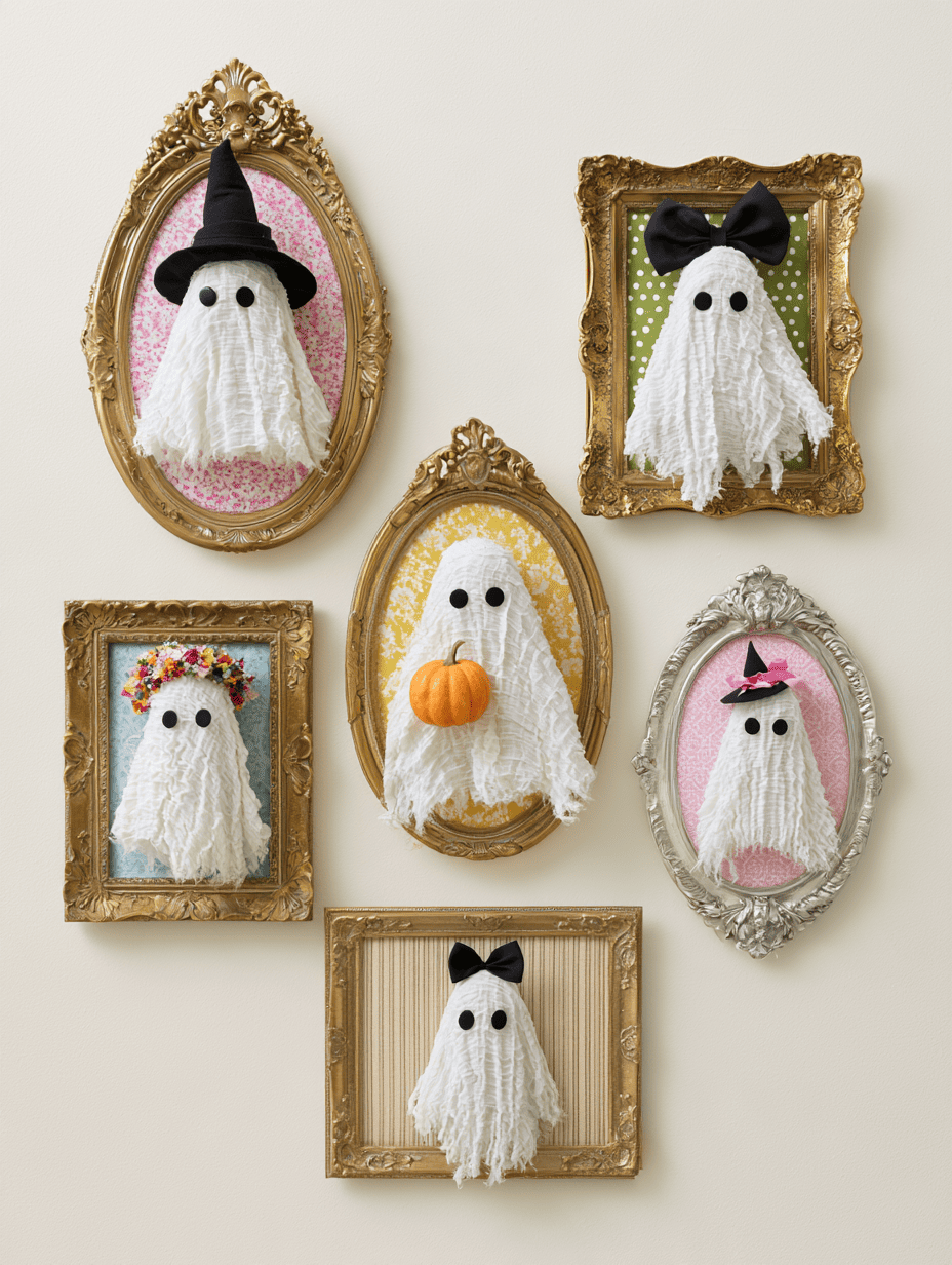 Create a charming spooky gallery with vintage frames, textured ghost figures, tiny hats, bows, and fall-inspired backgrounds. A creative Halloween crafts decorations idea for adding personality to your walls without going overboard on the scary details.