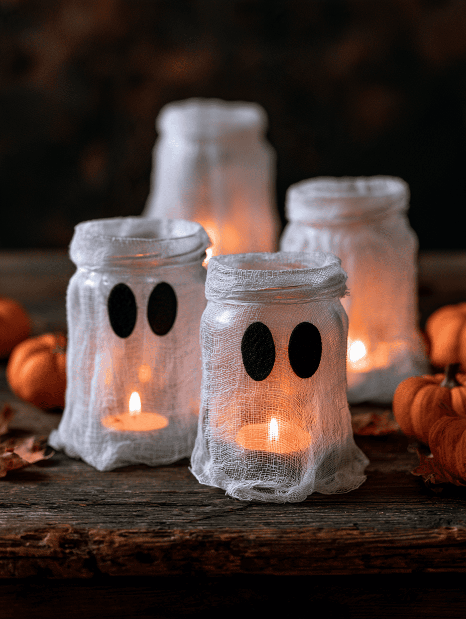 Create a charming spooky gallery with vintage frames, textured ghost figures, tiny hats, bows, and fall-inspired backgrounds. A creative Halloween crafts decorations idea for adding personality to your walls without going overboard on the scary details.