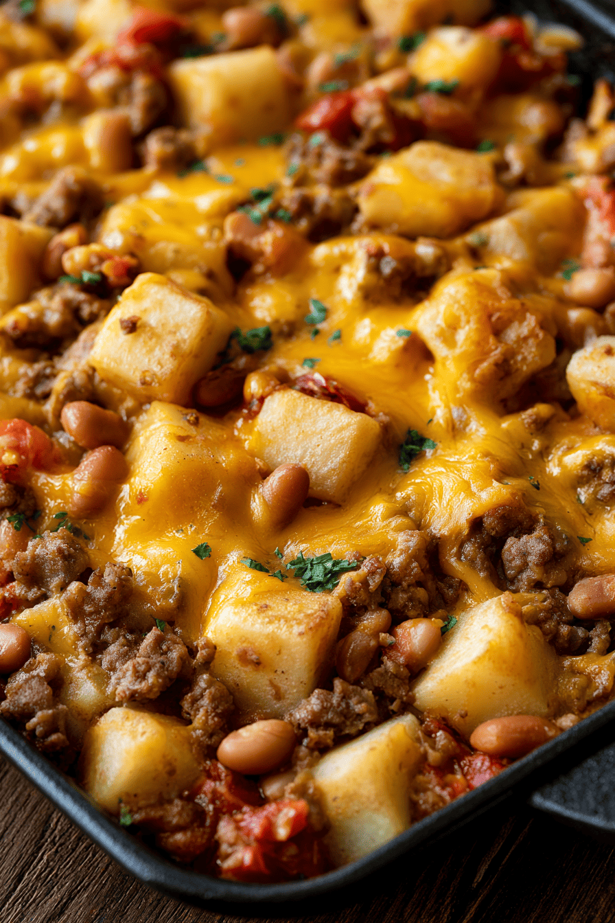 Make dinner easy with this hearty Slow Cooker Cowboy Casserole! Ground beef, potatoes, beans, corn, tomatoes, and cheese create a comforting crockpot meal the whole family will enjoy.