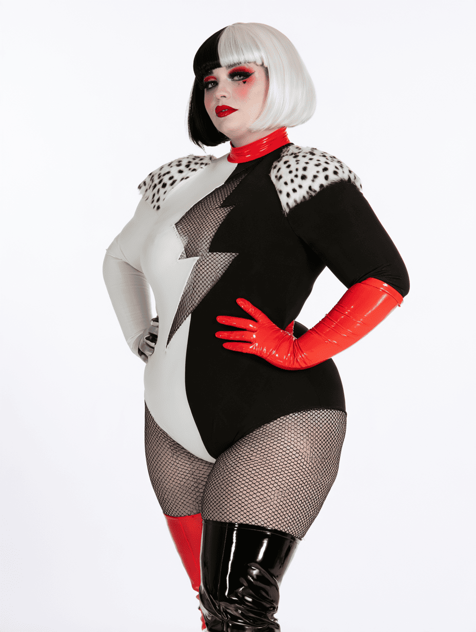 Get inspired by this bold Cruella de Vil Halloween costume featuring a black and white bodysuit, red gloves, faux fur, and thigh-high boots. A dramatic Halloween look for anyone who loves glam and villain-inspired fashion.